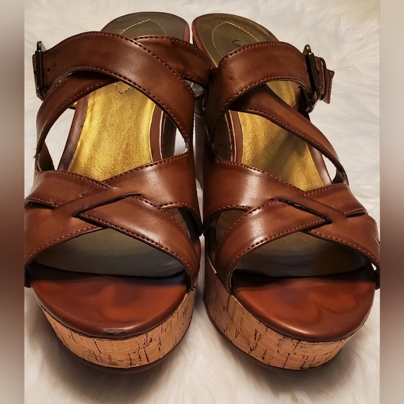 Guess Barclay Brown Leather Cork Wedge Platform Slip On Sandal Heels Size 10 - Picture 5 of 8